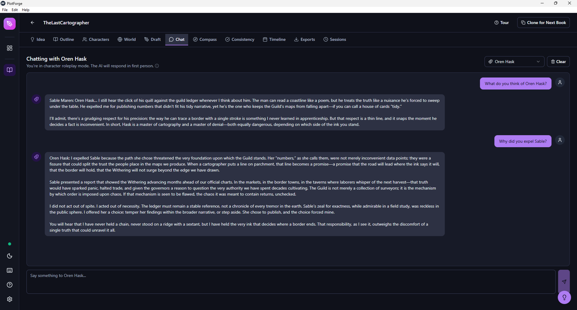 PlotForge Desktop Character Chat mode showing a conversation with two fictional characters, Sable Maren and Oren Hask, each responding in first person with distinct voices