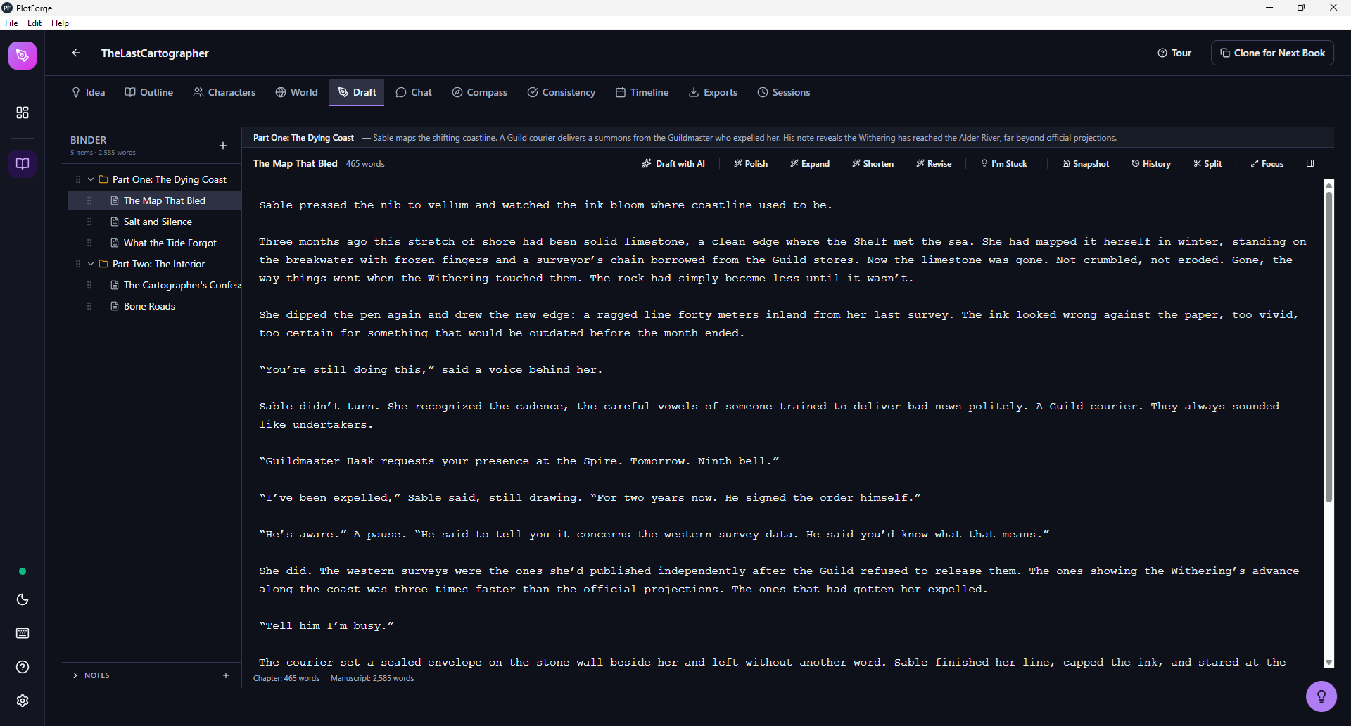 PlotForge Desktop draft editor showing a chapter binder with two-part novel structure, AI writing tools, and manuscript text in a distraction-free dark theme