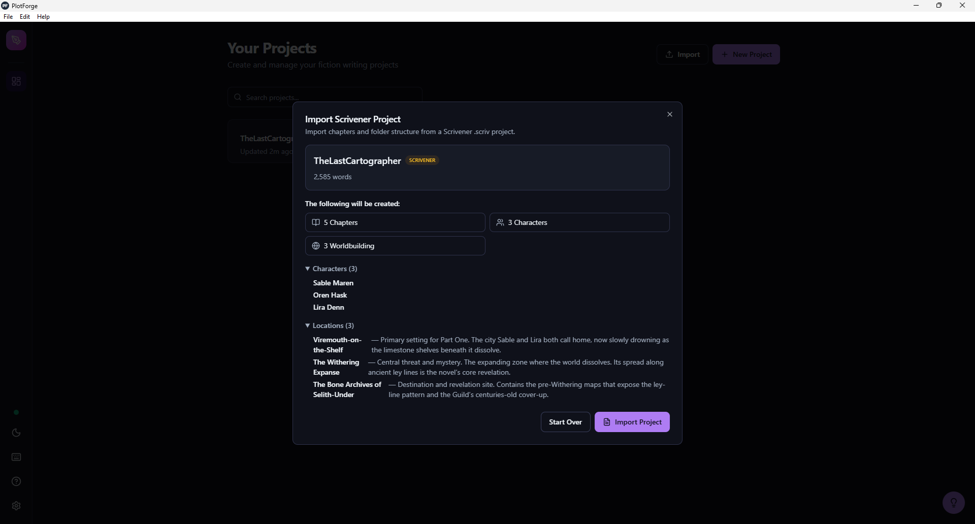 PlotForge Desktop Scrivener import dialog showing a parsed .scriv project with 5 chapters, 3 characters, 3 worldbuilding locations, and 2585 words ready to import