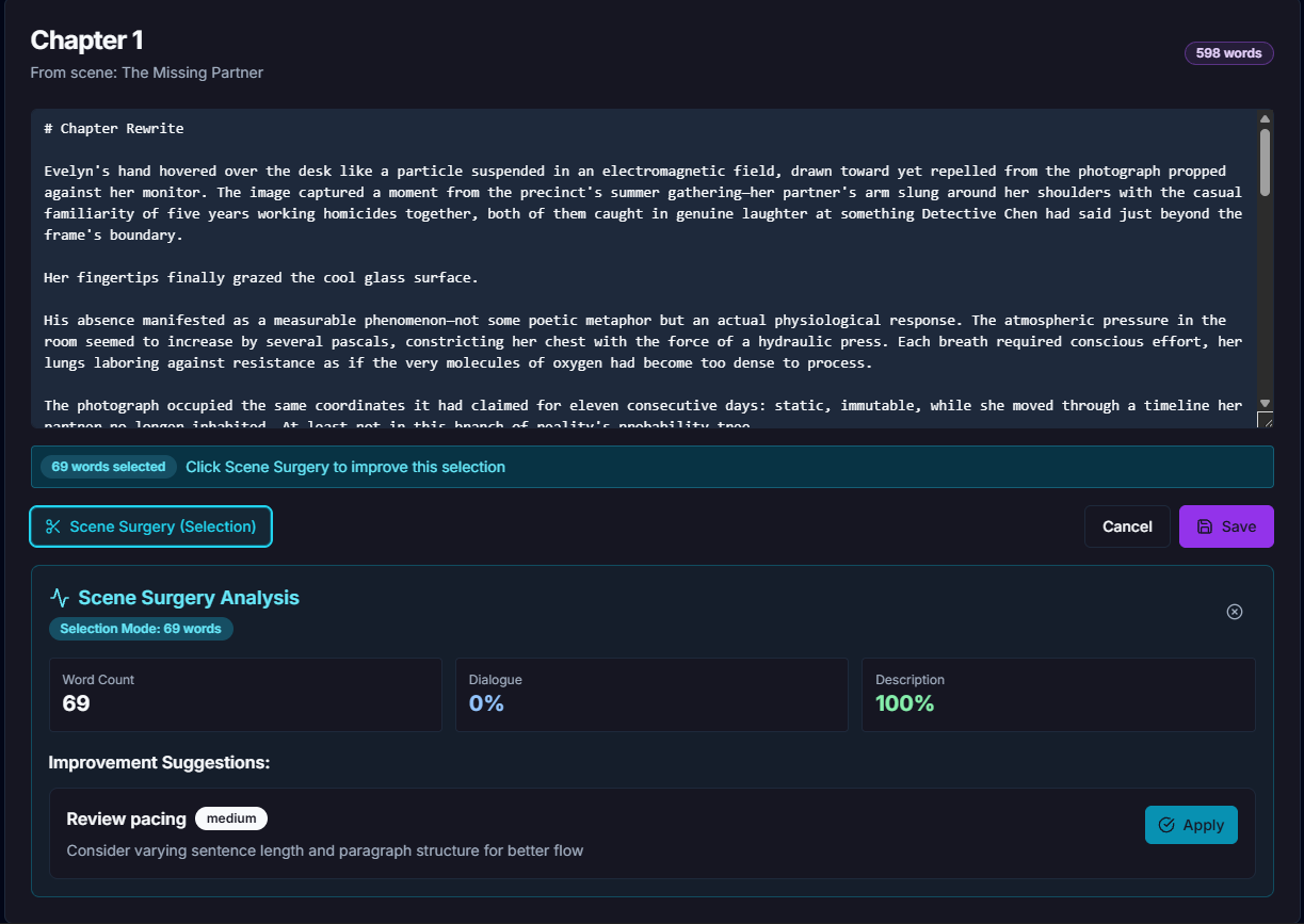 Step 2: Scene Surgery AI analysis showing improvement suggestions with metrics and targeted recommendations for the selected text