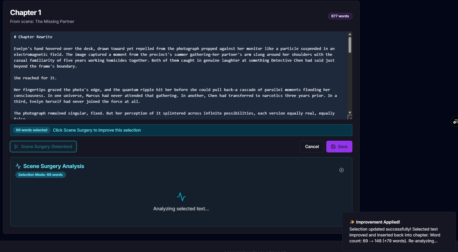Step 3: Final result showing improved manuscript text with enhanced dialogue, better pacing, and stronger emotional impact seamlessly integrated into the chapter