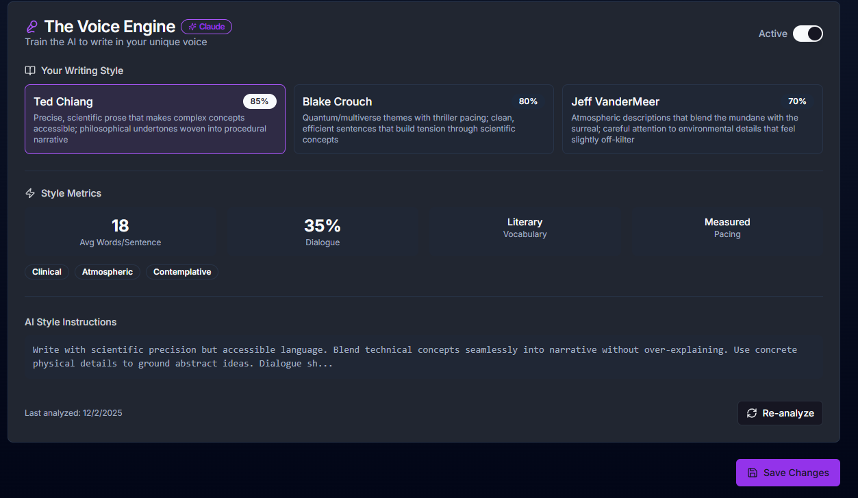 PlotForge Voice Engine showing author style matching with Ted Chiang 85%, Blake Crouch 80%, Jeff VanderMeer 70%, plus style metrics including 18 words per sentence, 35% dialogue, Literary vocabulary, and Measured pacing
