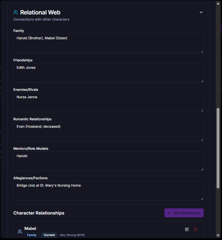PlotForge character relationship mapping showing multiple characters with connection types, strength ratings, and status indicators for tracking complex character dynamics
